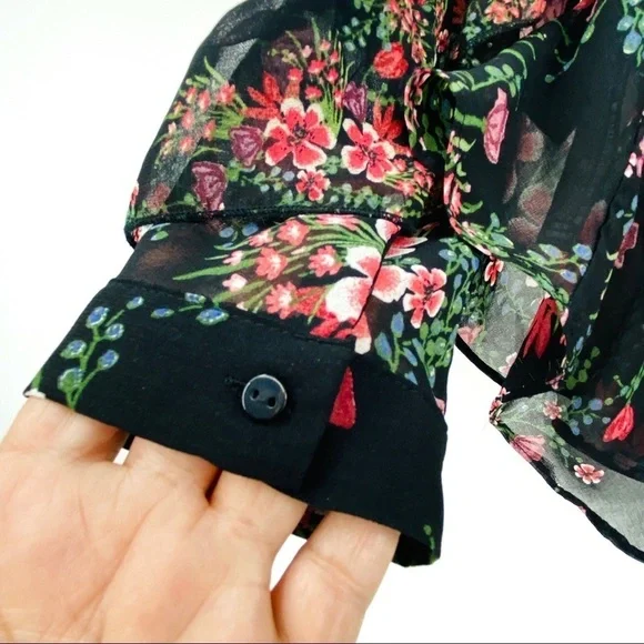 Zara Women Sheer Floral Long Sleeve Ruffled Layered Pink Black Cuffed Blouse SzM - Picture 8 of 15